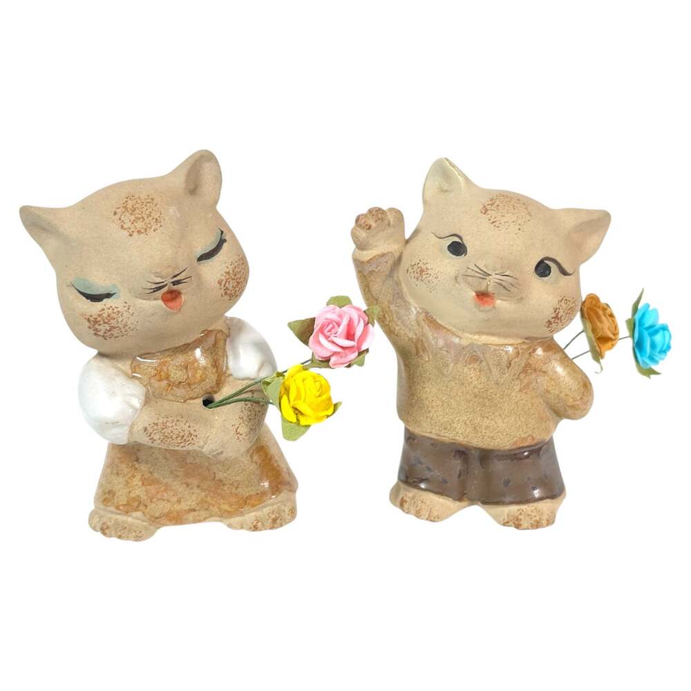 Vintage UCTCI Japan Cat Figurines Pair Boy Girl Flower Holders Speckled Pottery